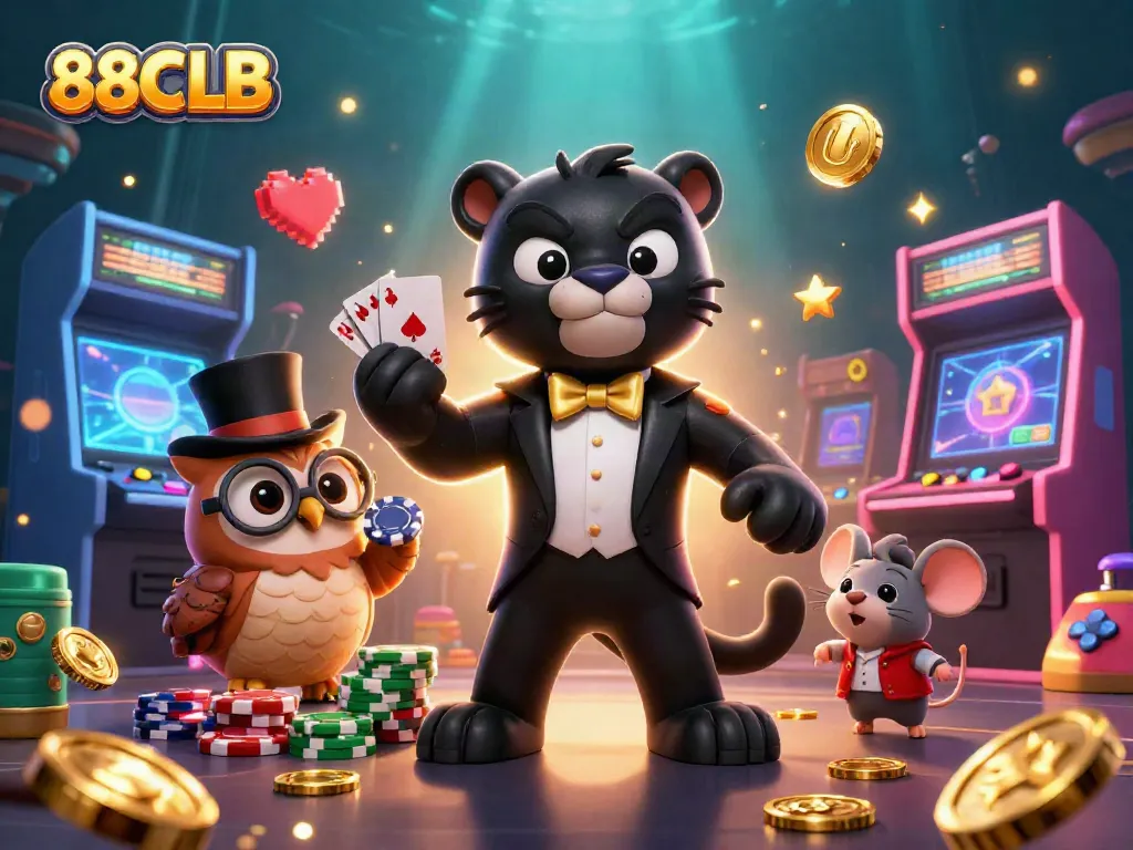Win big at 88CLB with this vibrant 3D casino illustration showcasing cards and poker chips.