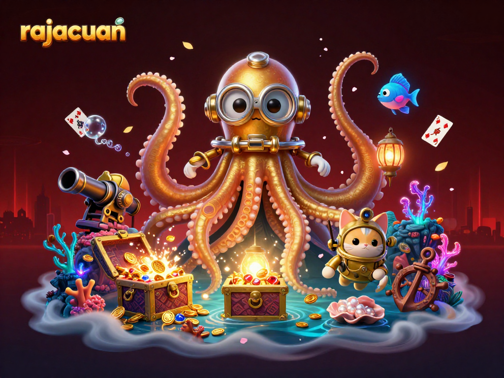 Engage with rajacuan's thrilling casino gameplay featuring a kraken, a diving cat, and vibrant treasures.