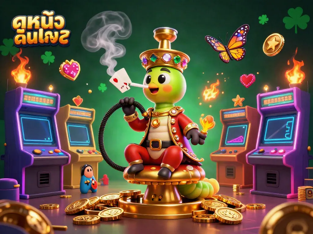 Experience ดูหนังออนไลน์ with a captivating 3D illustration of a whimsical hookah-master in a vibrant casino environment.