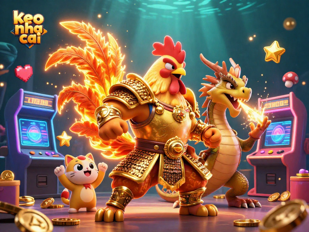 Engage with keo nha cai as a 3D fighting rooster warrior and dragon hatchling cheer in a vibrant casino scene.