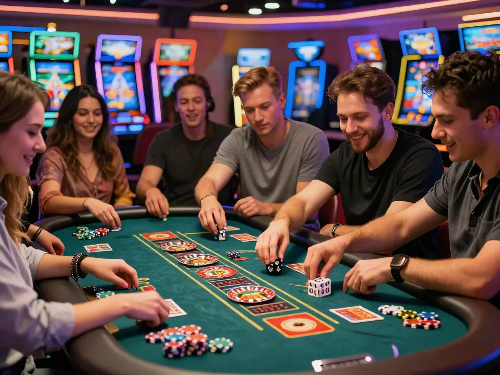 Exciting casino gaming experience showcasing the vibrant Wolfbet Promotions Page with players at gaming tables, illuminated machines, and energetic atmosphere.