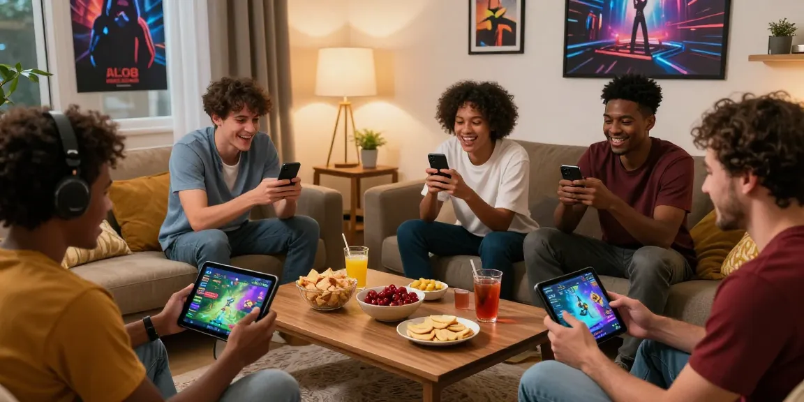 A diverse group enjoying ALO8 online gaming in a cozy living room.