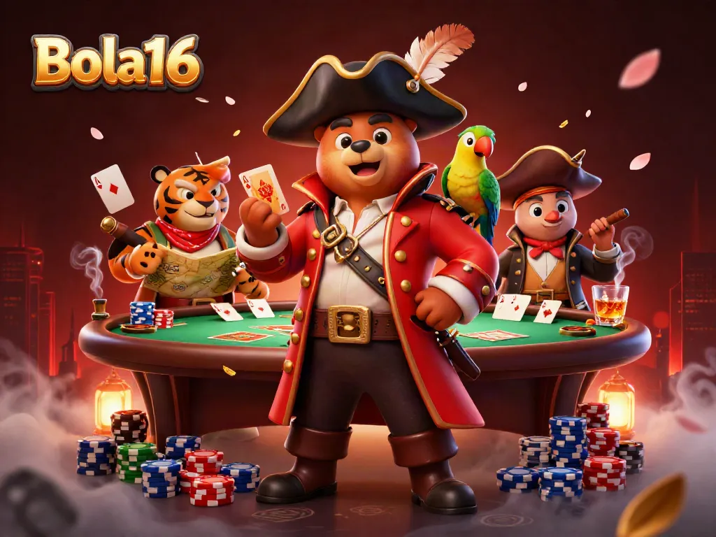 Bola16 pirate-themed casino scene with a bear, tiger, and vibrant poker elements.