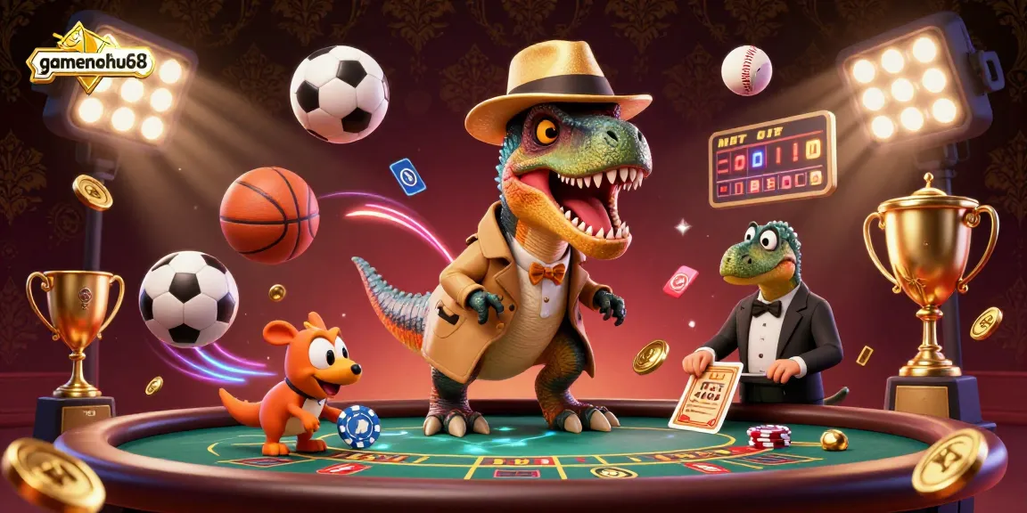Experience thrilling gaming at gamenohu68 with cartoon dinosaurs engaging in blackjack and sports betting.