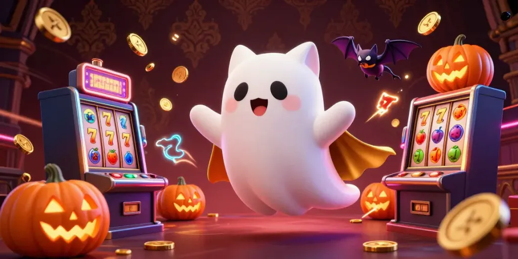 Experience the thrill with bolavitaslot's ghost cat and vampire bat in a vibrant casino.