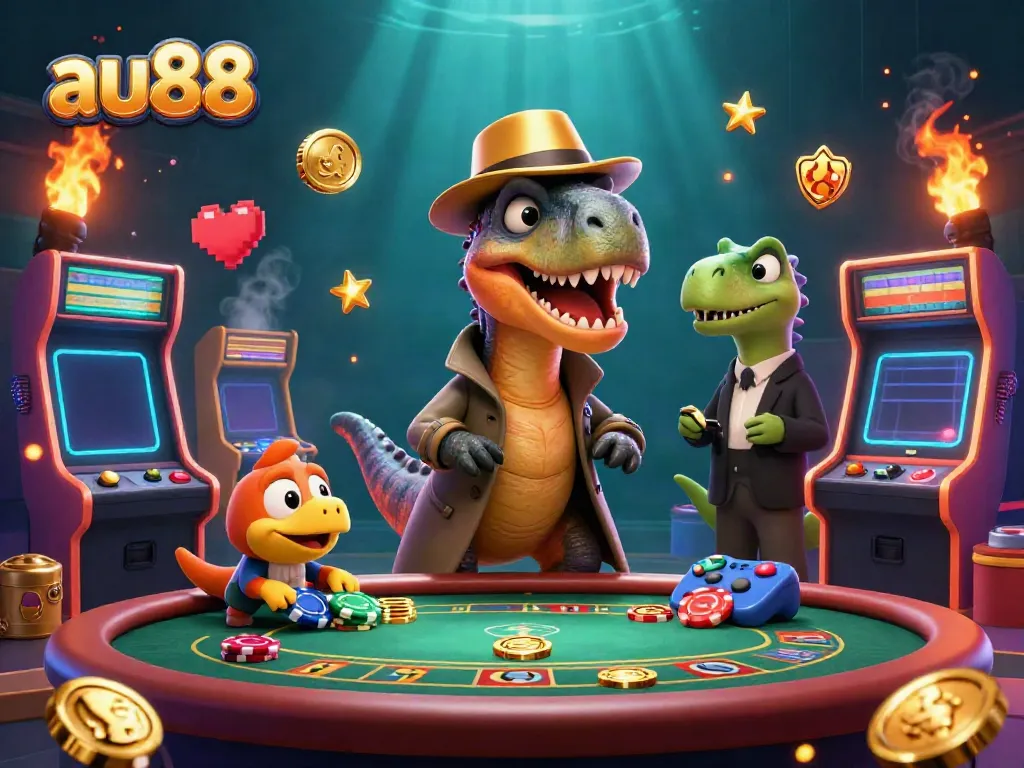 Experience the excitement of au88 with a velociraptor playing blackjack, colorful arcade machines, and dynamic casino elements.