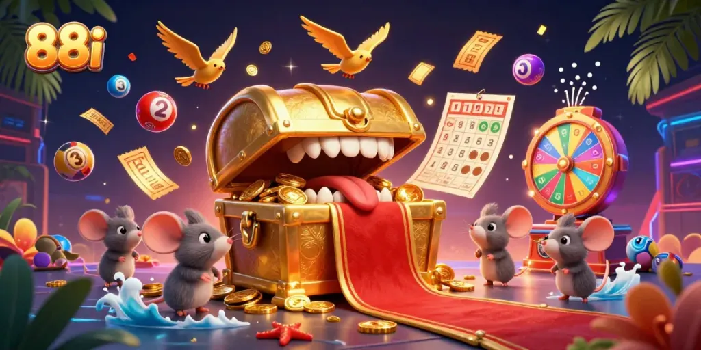 Engaging scene with 88i golden treasure chest captivating adventurer mice amidst lottery elements and vibrant casino graphics.