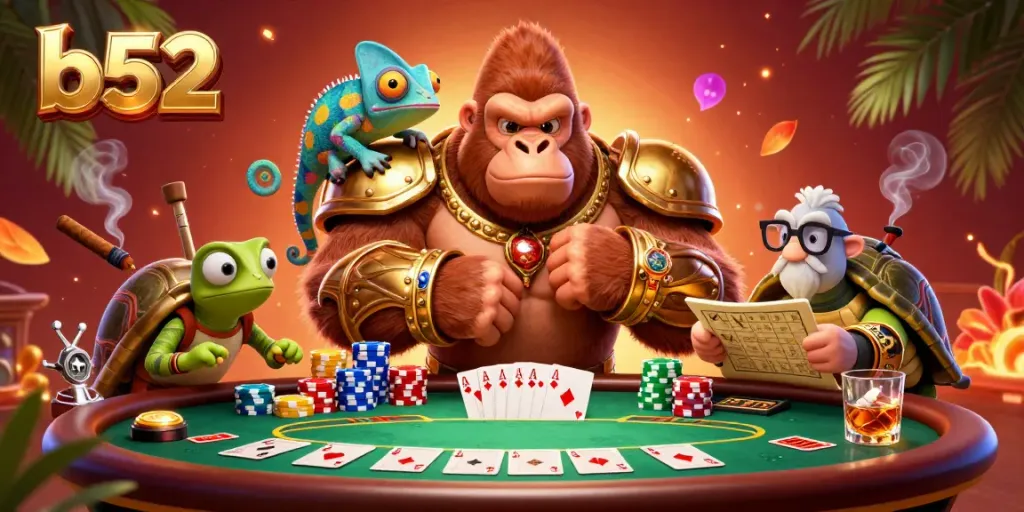 Experience thrilling poker action with b52, featuring a dynamic gorilla king and vibrant casino elements.