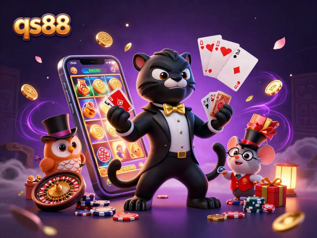 Experience the excitement of qs88 as a cartoon black panther deals cards, complemented by a cute owl and lucky mouse amidst vibrant casino elements.