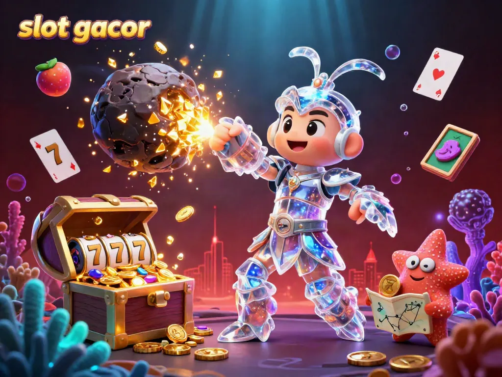Explore an exciting slot gacor scene where a cosmic mantis shrimp and starfish encounter treasures in a vibrant underwater world, rich in colors and detail.