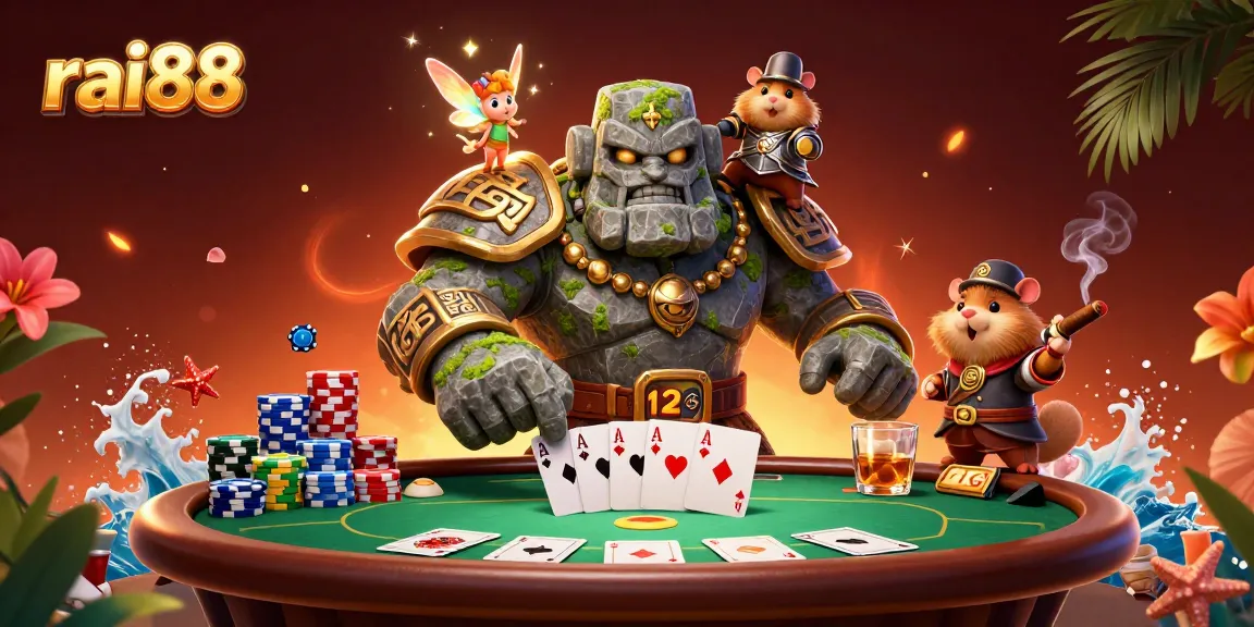 Experience thrilling poker action with rai88, featuring a magical golem and a brave hamster knight.
