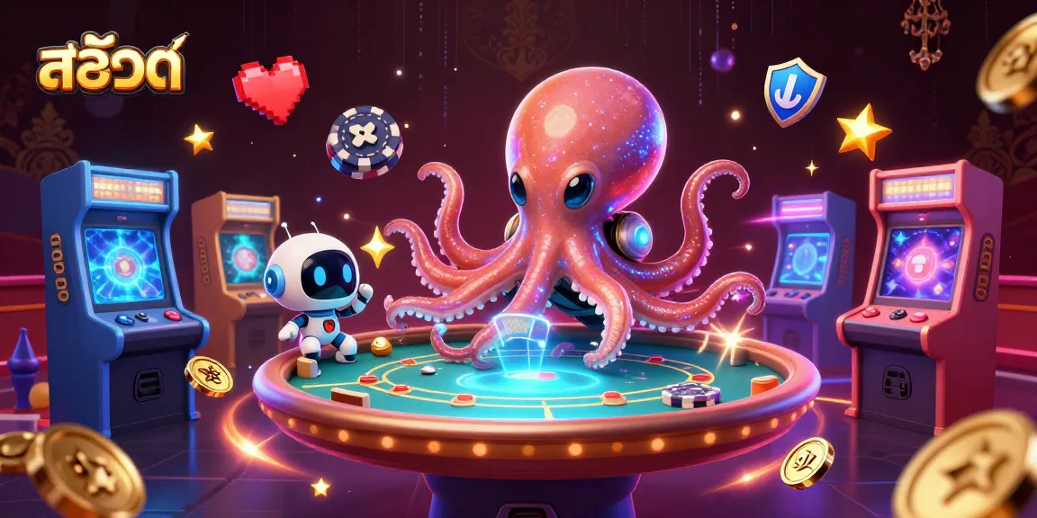 Engage in สล็อต thrills with an alien octopus dealer at a holographic poker table in a vibrant casino
