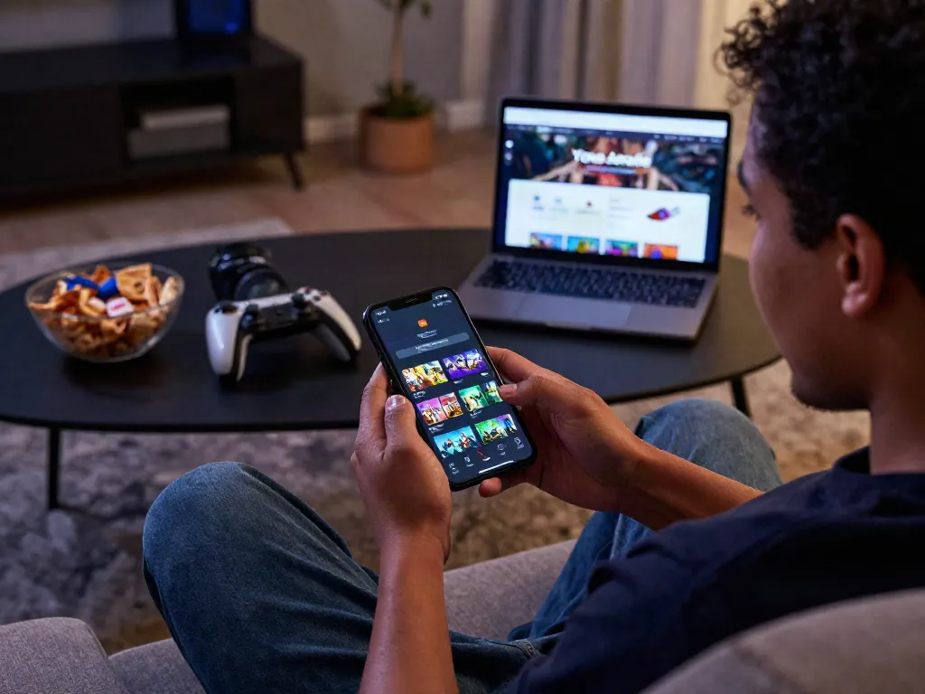 Engaging mobile gaming experience with Yono Arcade app in a cozy living room