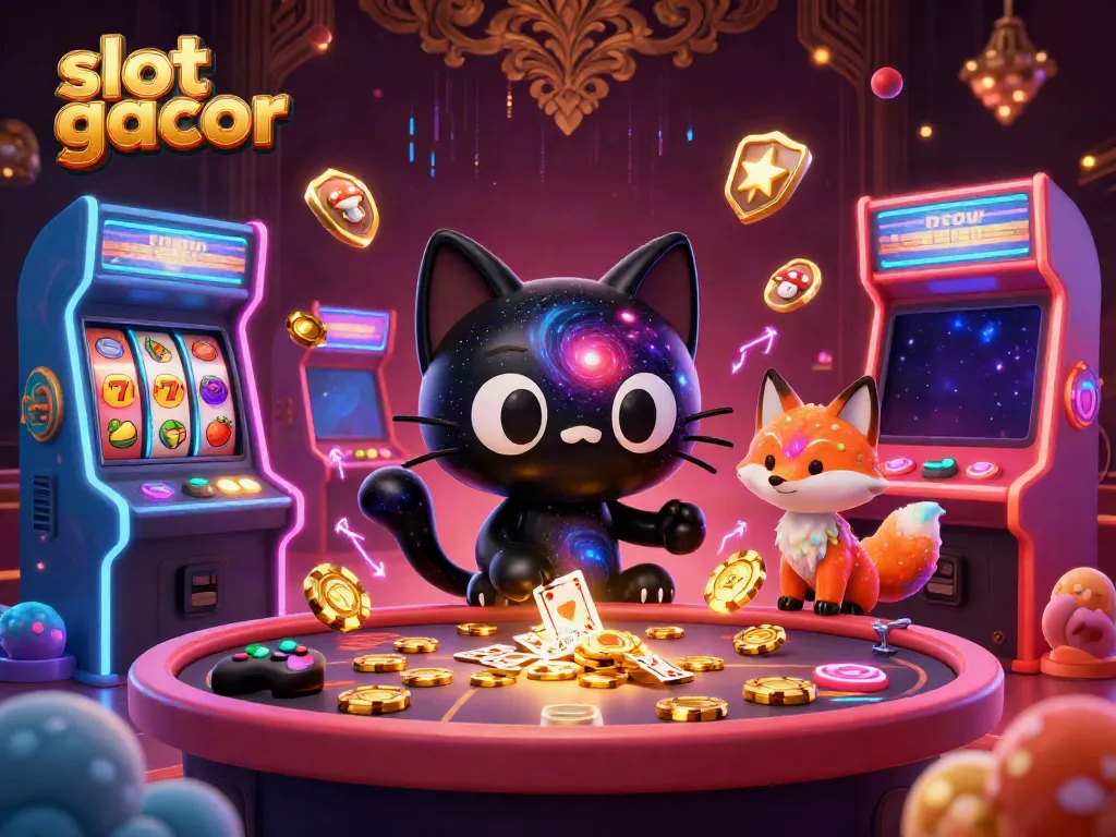 Slot gacor menarik chip emas dan kartu dalam ilustrasi kasino yang fantastis.