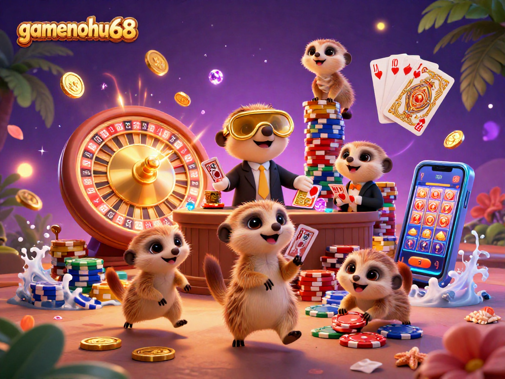 Join the meerkats at gamenohu68 as they spin the roulette wheel and handle poker chips amidst a vibrant casino atmosphere.
