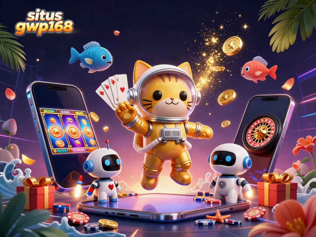 Permainan slot di situs gwp168 dengan kucing astronot dan anjing robot dalam latar galaksi.