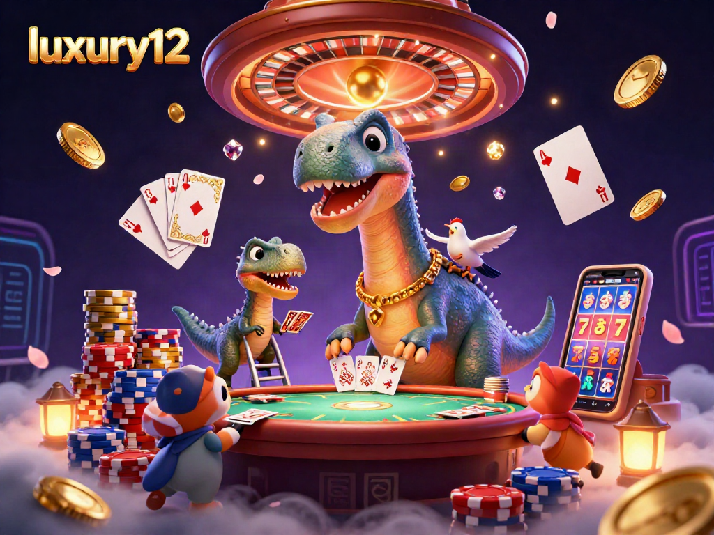 Experience the vibrant world of luxury12 with a cartoon brontosaurus in a bustling casino setting.