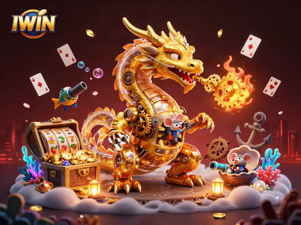 IWIN engages players with a breathtaking scene of a golden dragon surrounded by vibrant casino game elements.