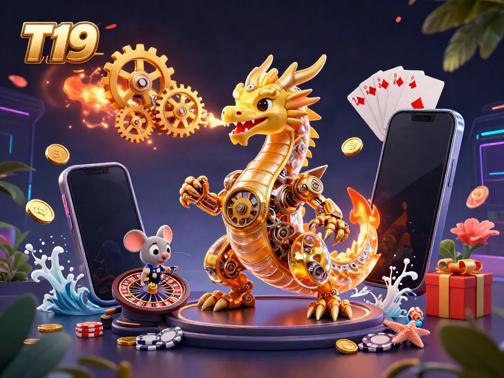 Bet on T19 with exciting golden dragon game illustrations and thrilling casino elements.