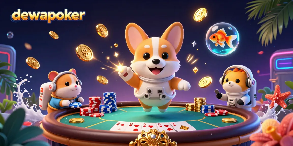 Experience the excitement of dewapoker with floating casino elements and characters in a vibrant 3D scene.