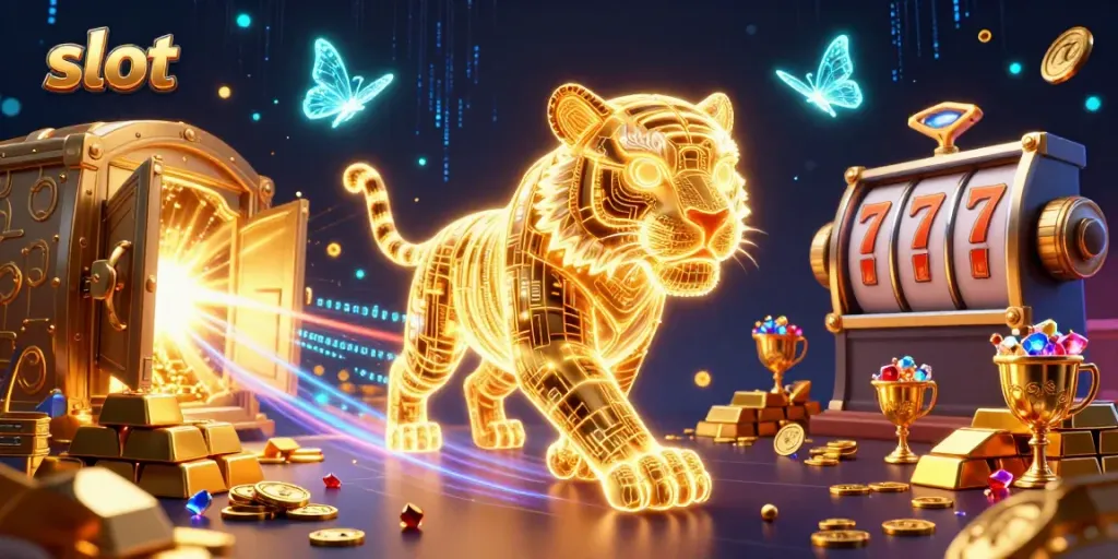 Experience thrilling slot games with vibrant visuals and exciting rewards in this 3D digital casino scene.