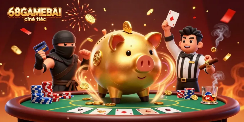Engage in thrilling gameplay with 68GAMEBAI chính thức as characters celebrate wins with poker action.