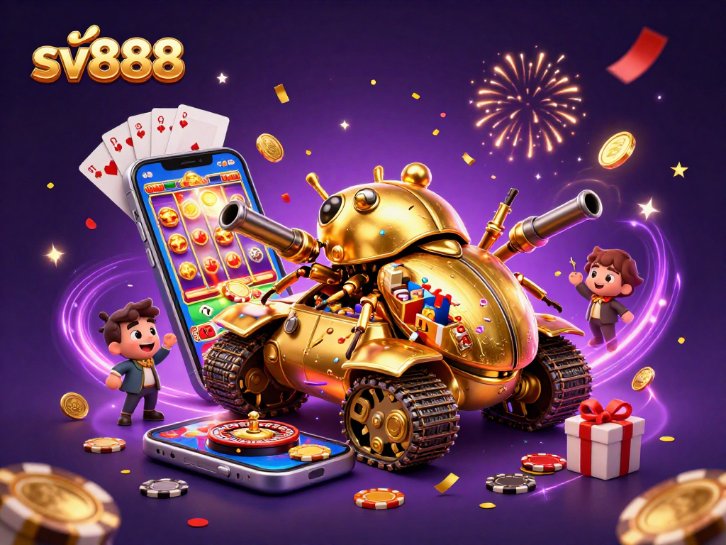 sv888 themed illustration with a golden beetle tank and casino games bursting with excitement and gold coins.