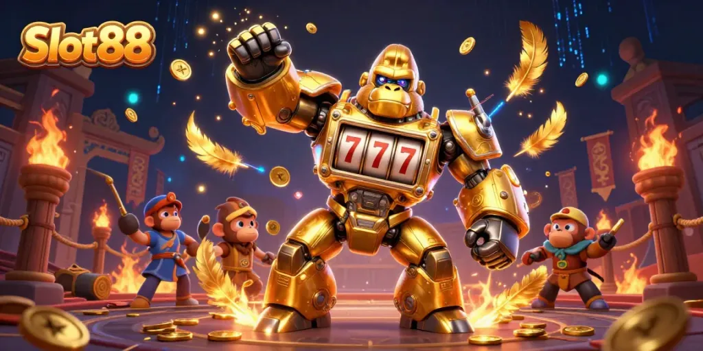 Gorila emas transformer beraksi di Slot88, menampilkan mesin slot dan koin terbang.