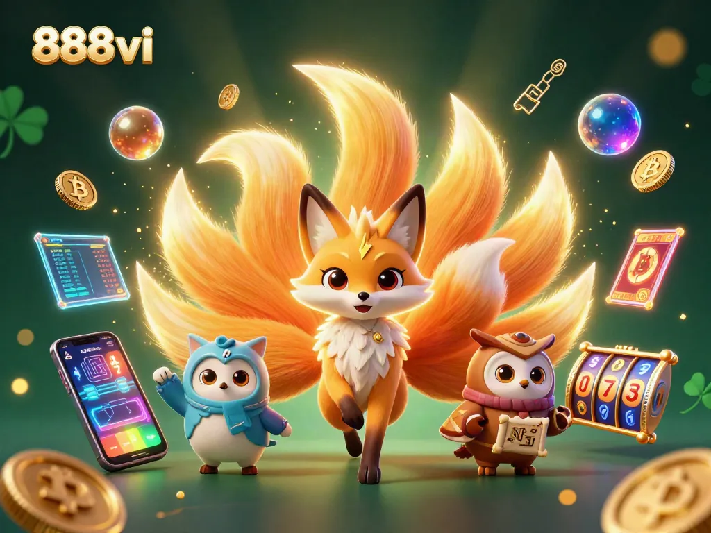 Experience vibrant gaming with 888vi showcasing a whimsical nine-tailed fox and owl amid glowing crypto coins.