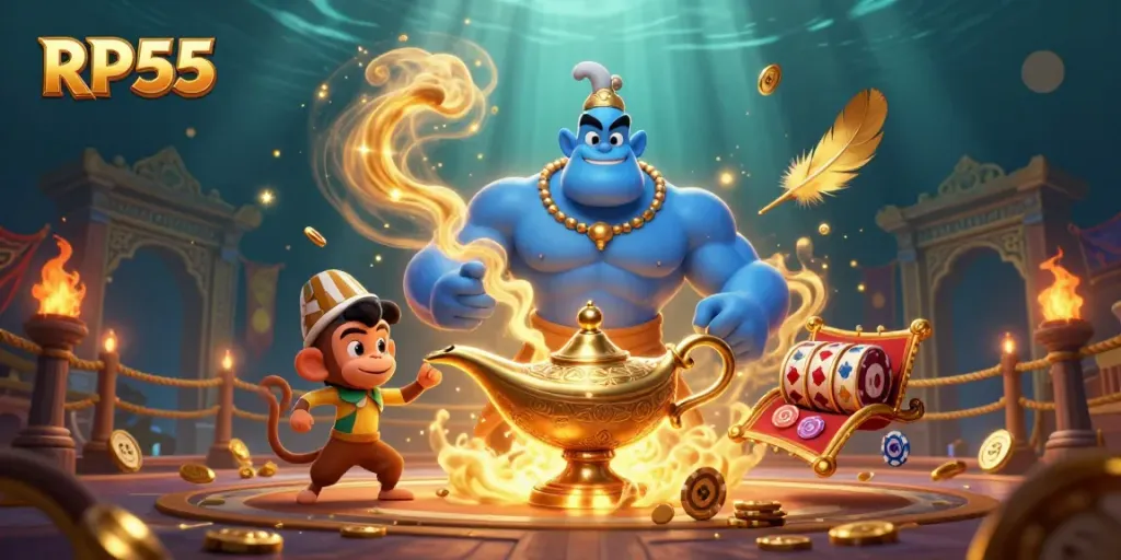 Slot mesin dan kartu poker hadir dalam ilustrasi 3D RP55 yang spektakuler, dipenuhi elemen kasino yang memanjakan mata.