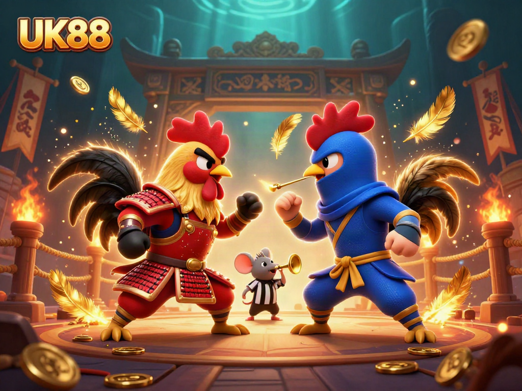 Engage with UK88’s thrilling rooster showdown amidst vibrant casino-themed elements.