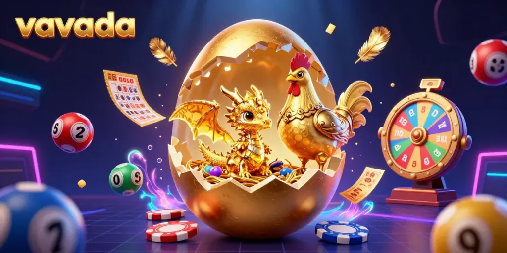 Experience the thrill of Vavada with a dramatic 3D illustration of a golden egg revealing a dragon and poker chips.