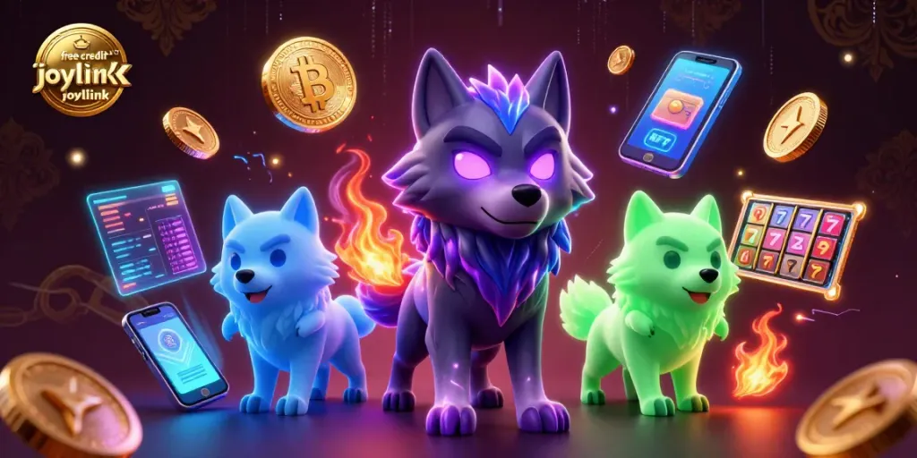 Claim free credit no deposit joylink in a vibrant casino illustration showcasing gaming elements.