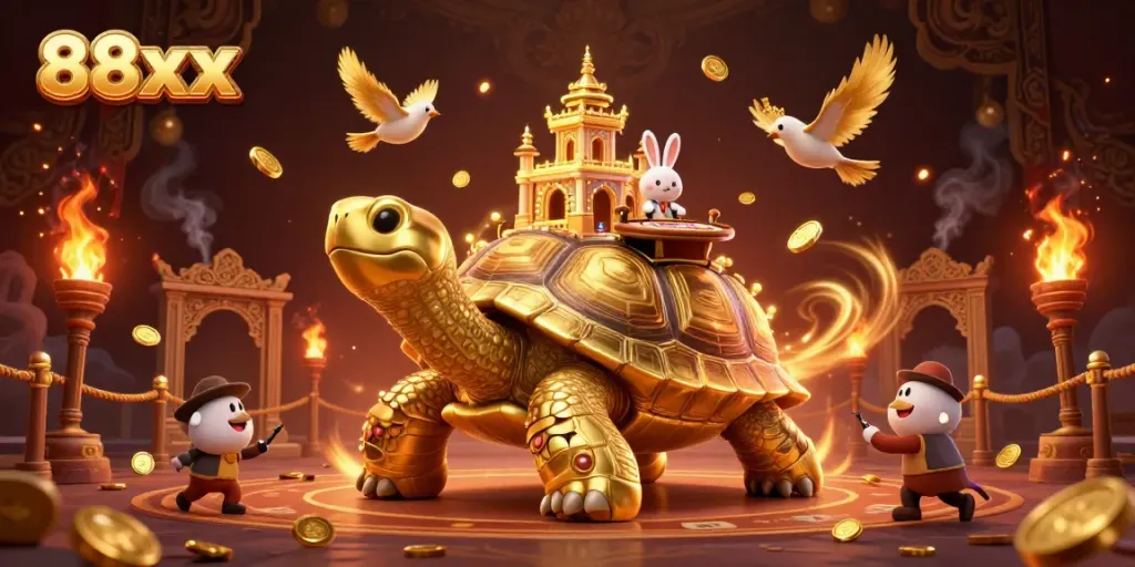Win big with 88xx as a rabbit dealer manages a vibrant casino scene on a golden tortoise.