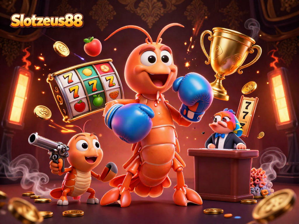 Experience the thrill of Slotzeus88 with vibrant slot reels and animated characters in a dynamic casino scene.