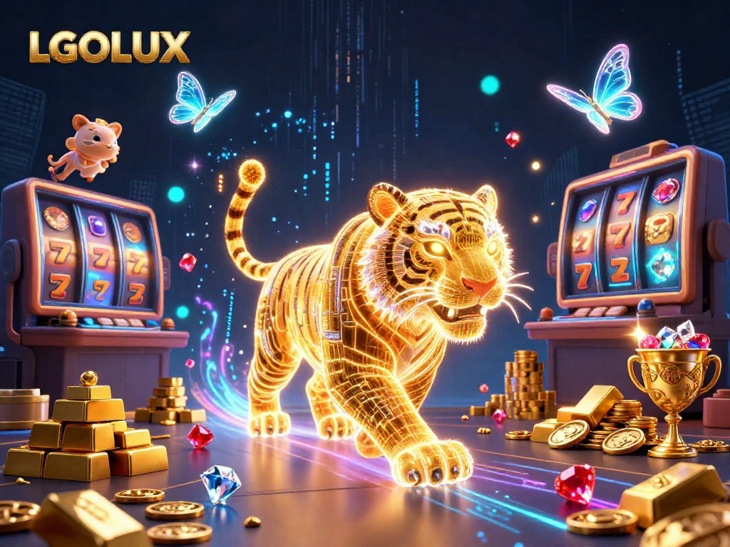 Experience the thrilling adventure of LGOLUX with vibrant 3D casino scenes featuring a neon tiger and wealth.