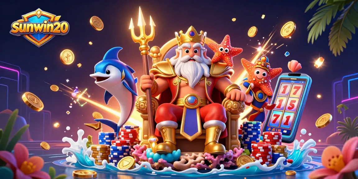 Experience the thrill of sunwin20 with Neptune and his samurai guardian in this vibrant casino adventure scene.