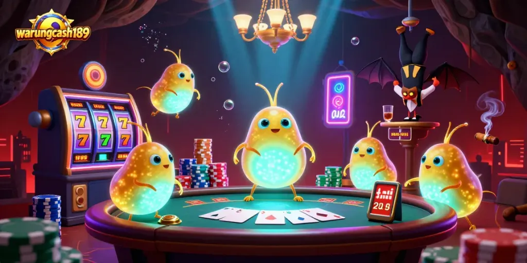 Engage in thrilling games at warungcash189, illuminated by glowing glowworms and casino elements.