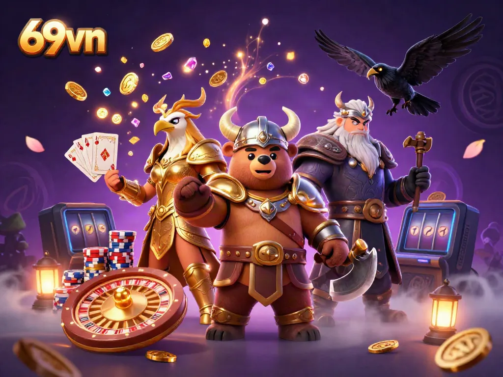 Experience thrilling gaming with 69vn's vibrant interactive casino illustration showcasing exciting jackpots.