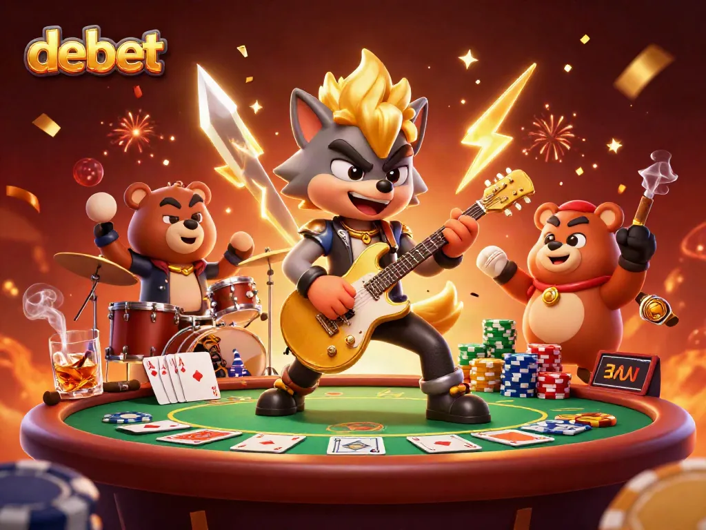 Experience the vibrant debet casino scene with a rock star wolf and drummer bear amidst game elements.