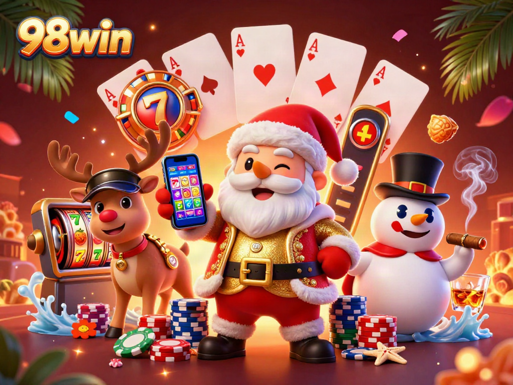 Join 98win's festive casino adventure with Santa, his reindeer, and a snowman winning big!