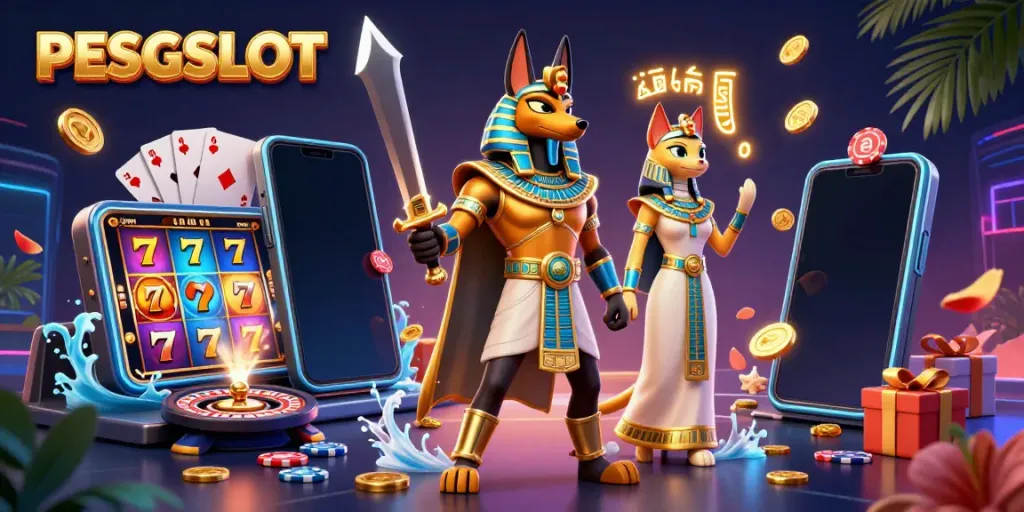 Permainan slot PESGSLOT yang menarik dengan Anubis dan Bastet di tengah kumpulan koin emas.