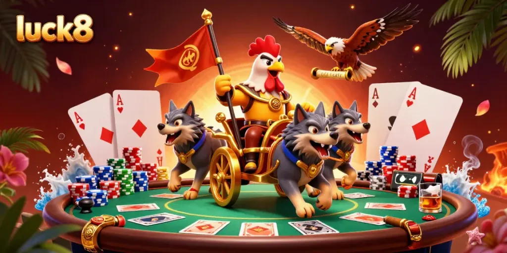 Engage in the excitement of luck8 casino gaming with vibrant characters and dynamic poker elements.