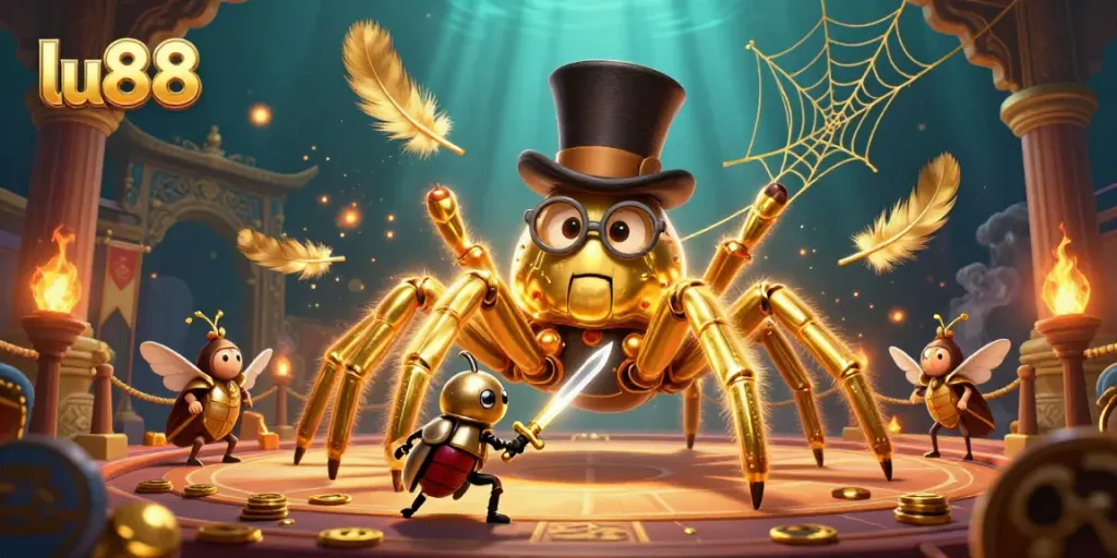 Experience the thrilling adventures of lu88 with a golden tarantula and beetle knight in a vibrant casino scene.