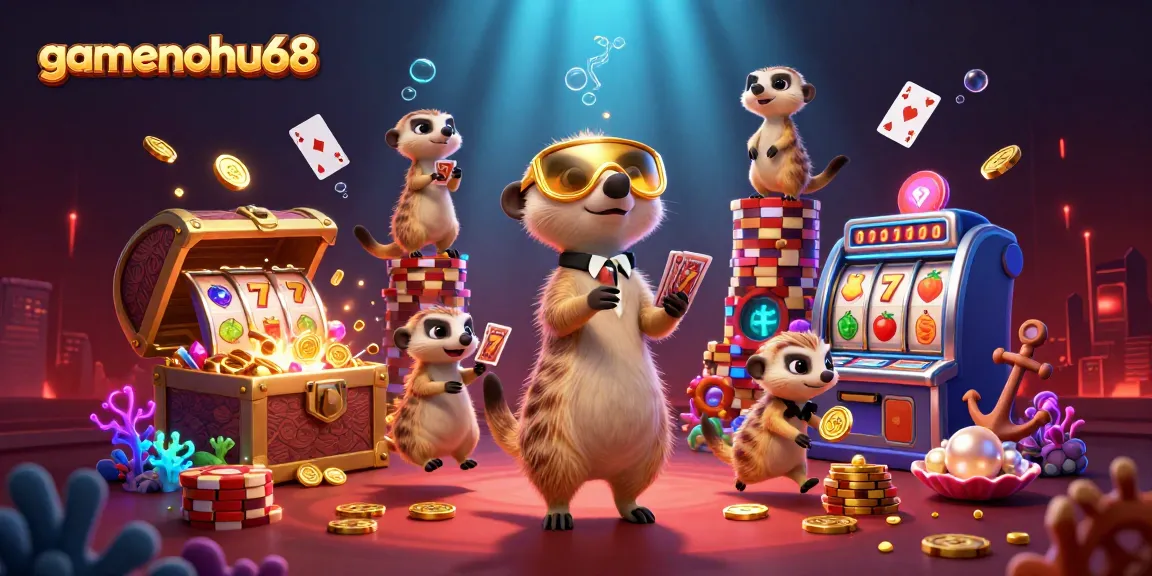 Win big at gamenohu68's vibrant casino with meerkats managing games and treasures.