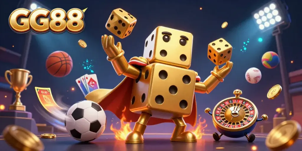 Experience GG88 with dynamic gambling elements, a golden dice golem, and energetic sports themes in a vibrant illustration.