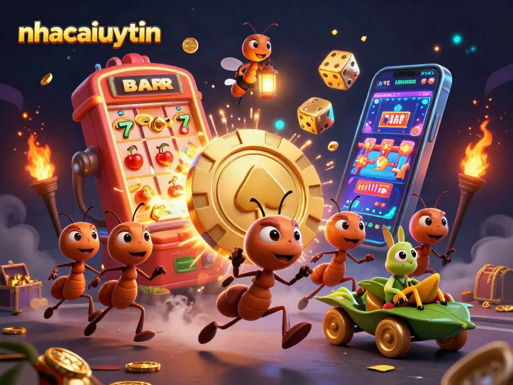 nhacaiuytin showcases animated ants stealing a giant poker chip in an exciting casino heist.