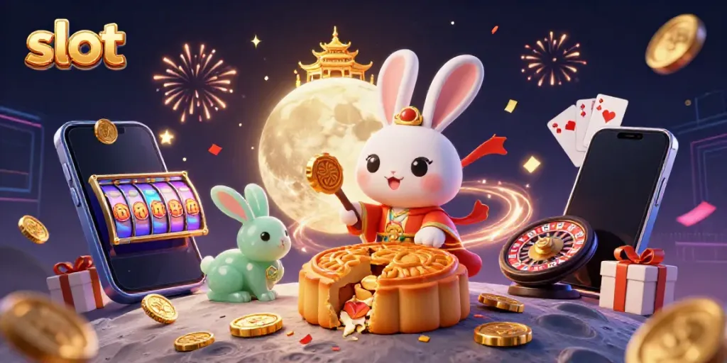 Menggulung slot dengan naga bulan menggemaskan dikelilingi chip poker dan permainan slot berwarna-warni.