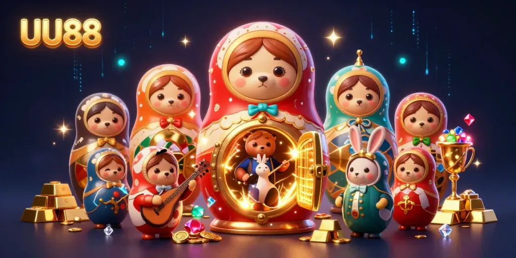Engage with UU88's thrilling environment, featuring 3D Matryoshka bears and a rabbit amid gold treasures.