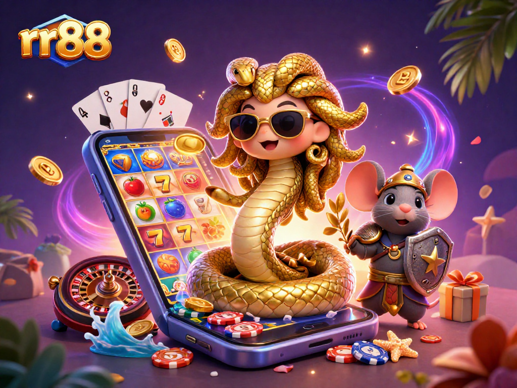 Win big with rr88's vibrant casino scene featuring Medusa and game elements.